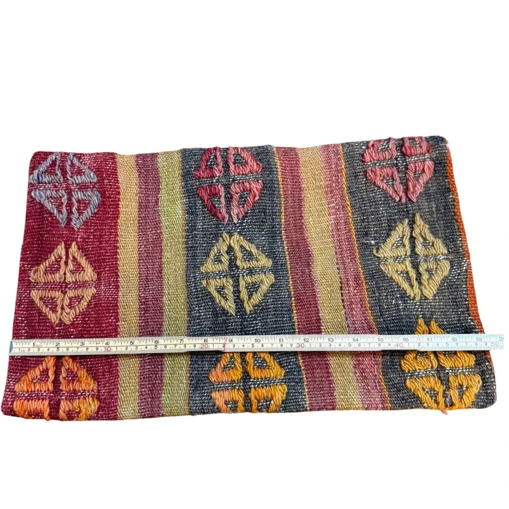 Handwoven Kilim Wool Pillow Cover 12x20 Geometric Southwestern Multicolor